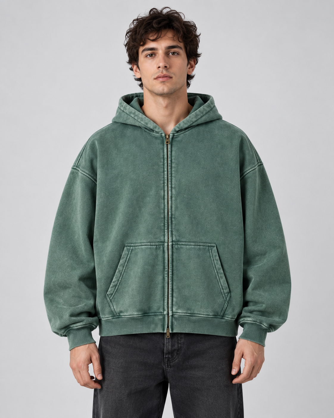 Men's Zip-Up Hoodie - Washed Fleece Oversized Fit