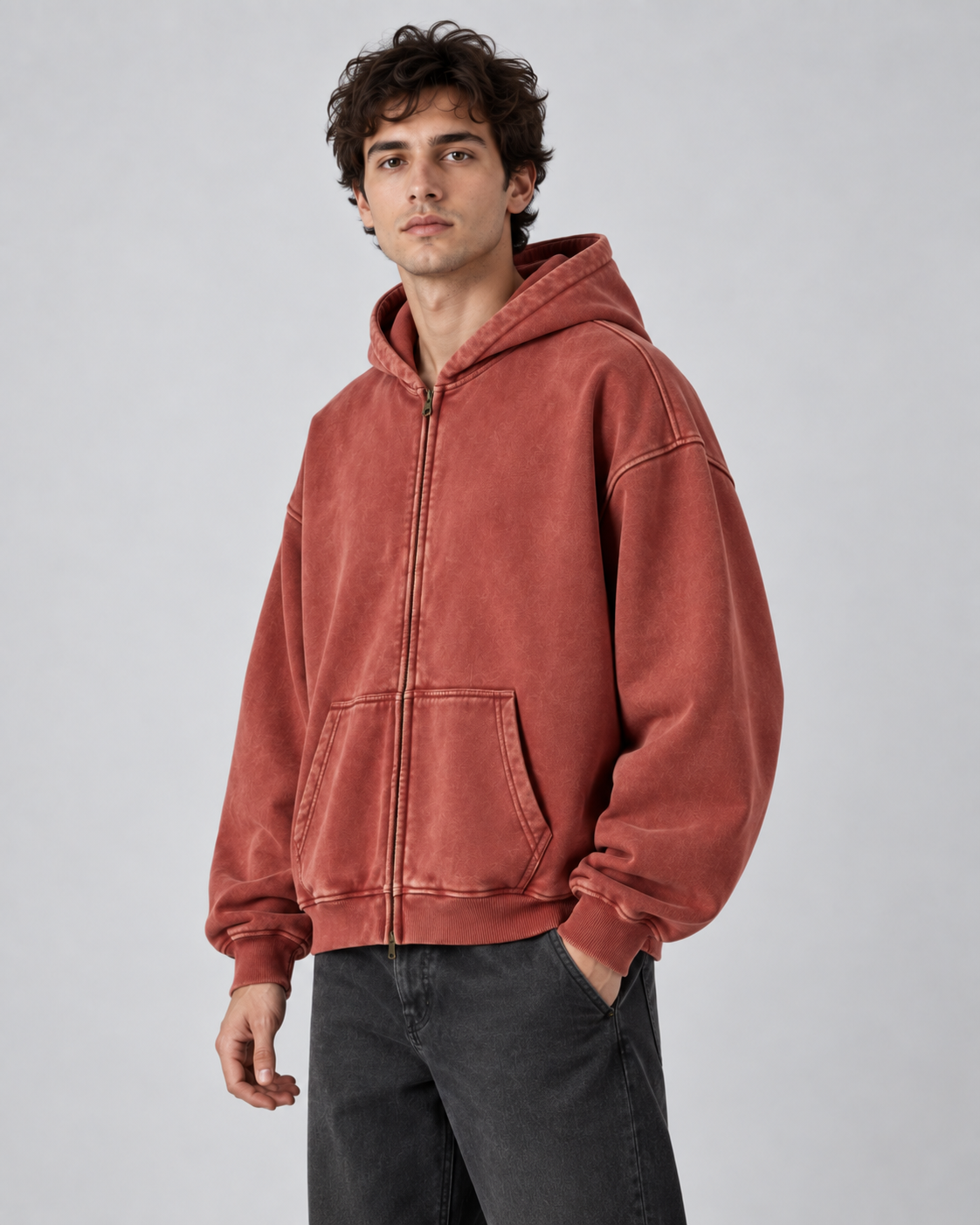 Men's Zip-Up Hoodie - Washed Fleece Oversized Fit