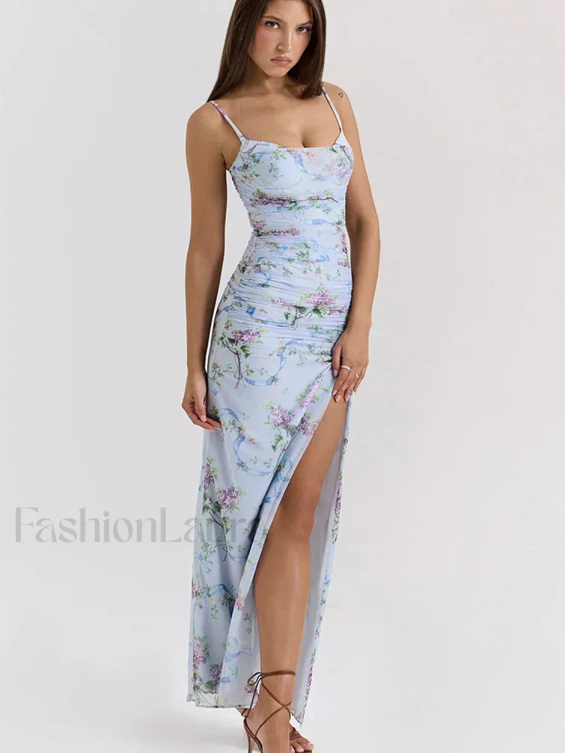 Mesh Floral Slit Bodycon Maxi Dress