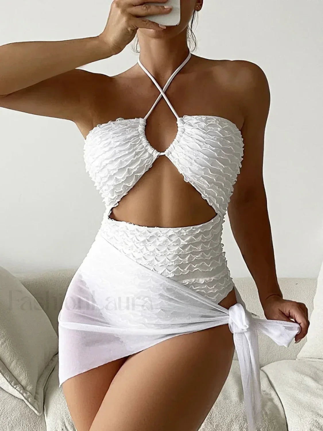 Mesh Halter Hollow Out High Cut One Piece white / S