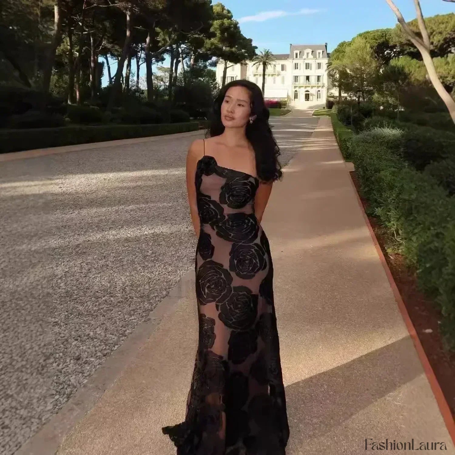 Mesh One Shoulder Flower Maxi Dress