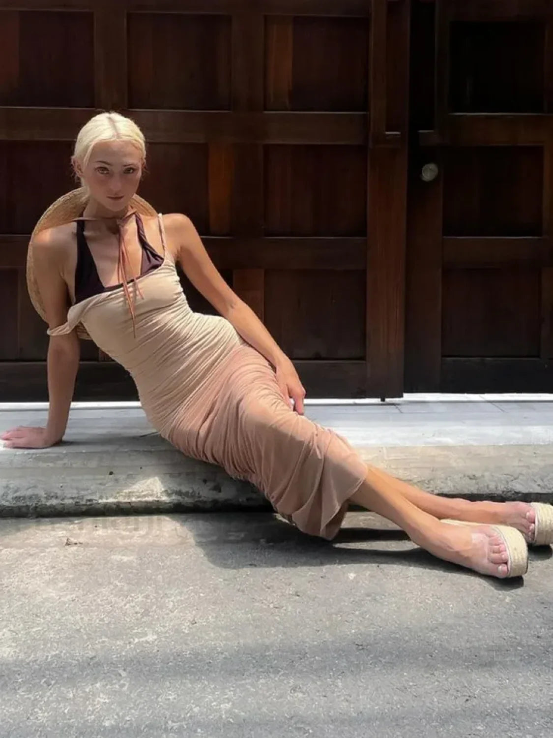 Mesh Patchwork Pleated Midi Dress