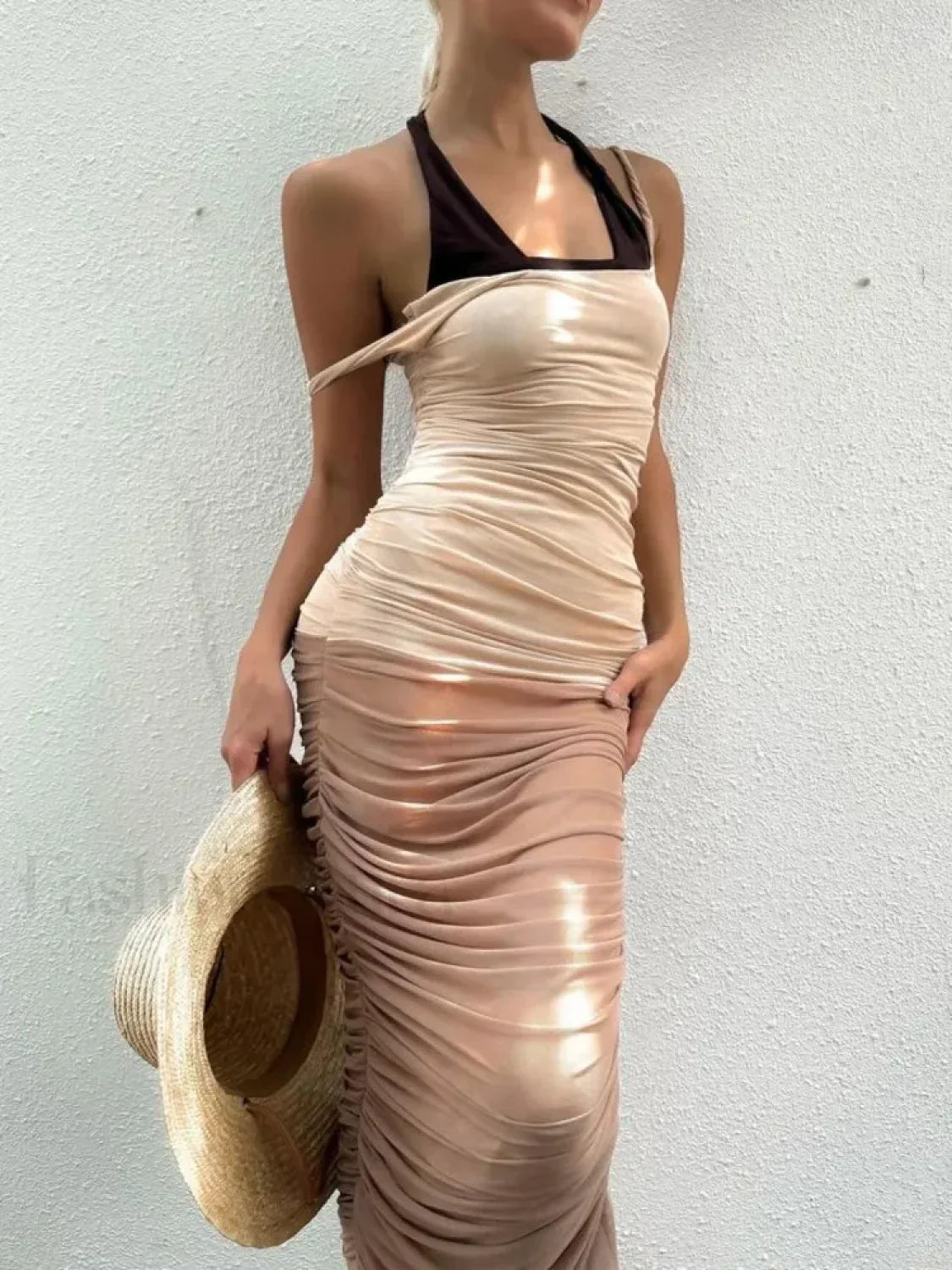 Mesh Patchwork Pleated Midi Dress