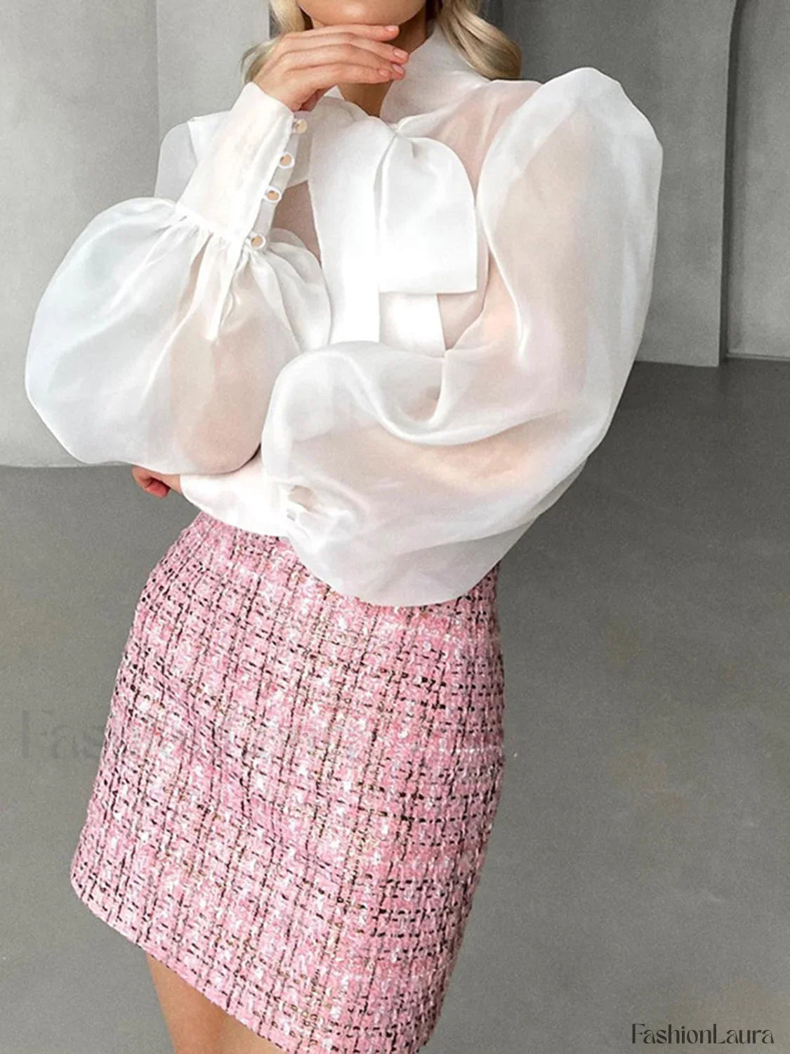 Mesh Puff Graceful Sleeve Knot-Front Shirt