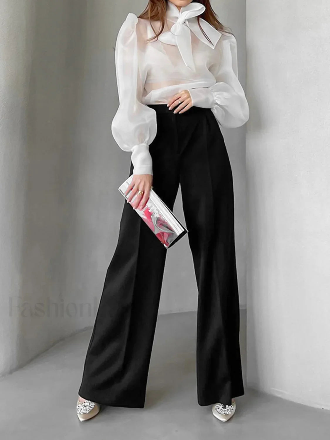 Mesh Puff Graceful Sleeve Knot Front Shirt White / S Shirts
