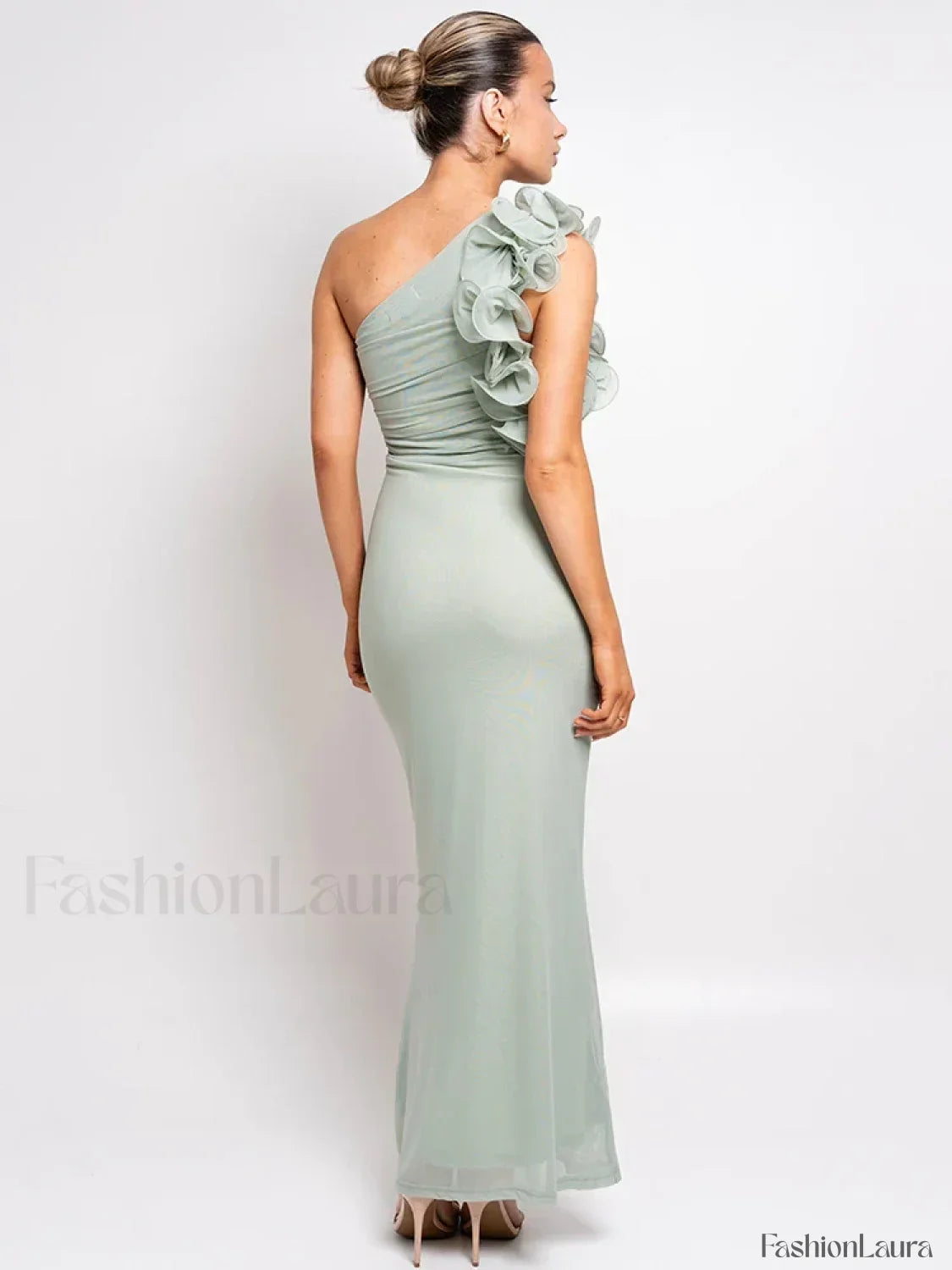 Mesh Ruched Oblique Maxi Dress
