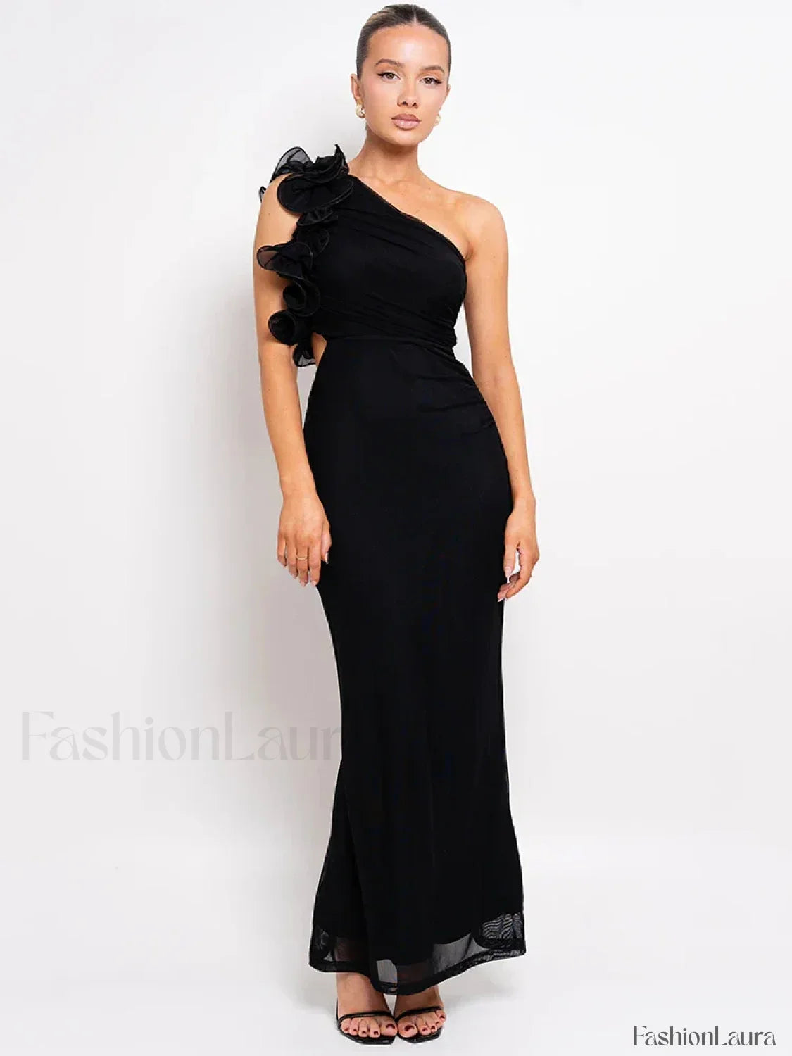 Mesh Ruched Oblique Maxi Dress