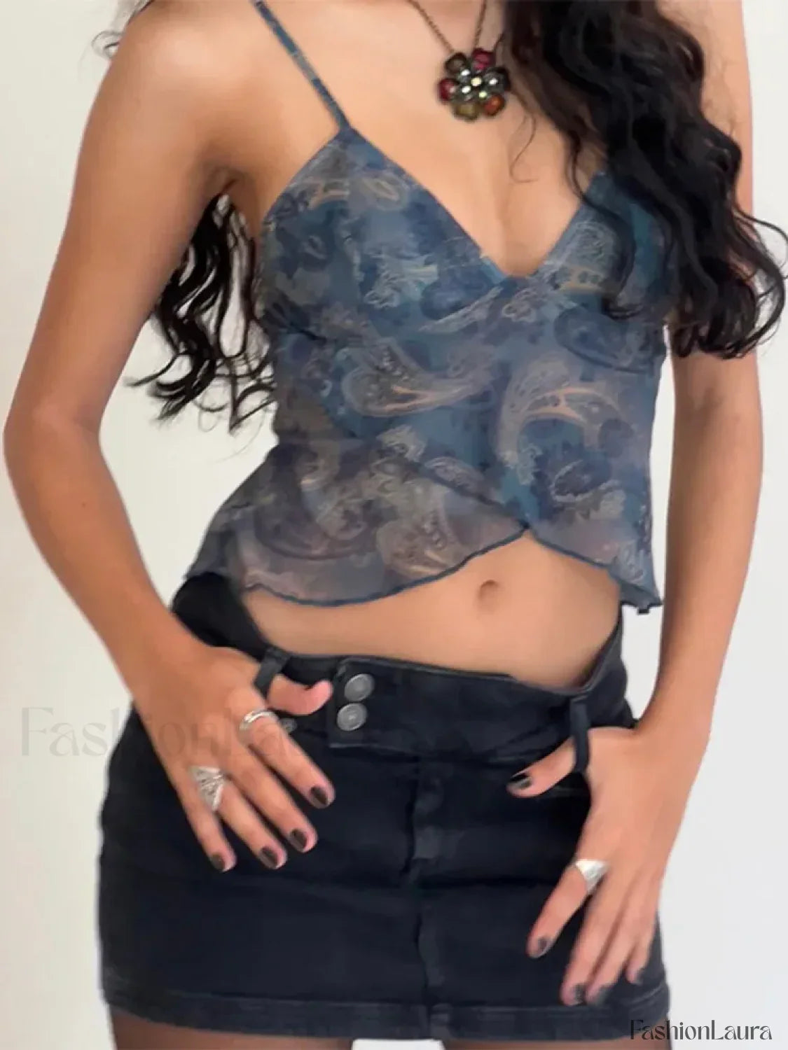 Mesh See Through Printed Crop Top
