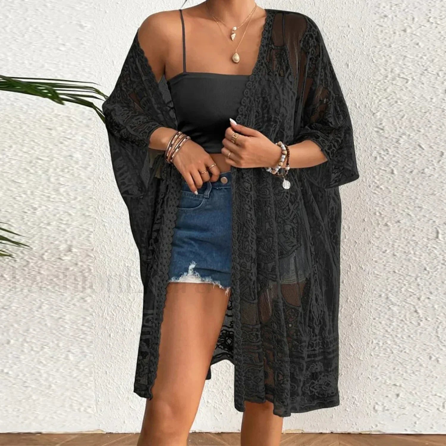 Mesh Sheer 3/4 Sleeve Cover Up