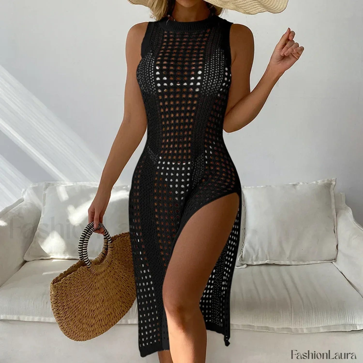 Mesh Sleeveless Slit Beach Cover Up