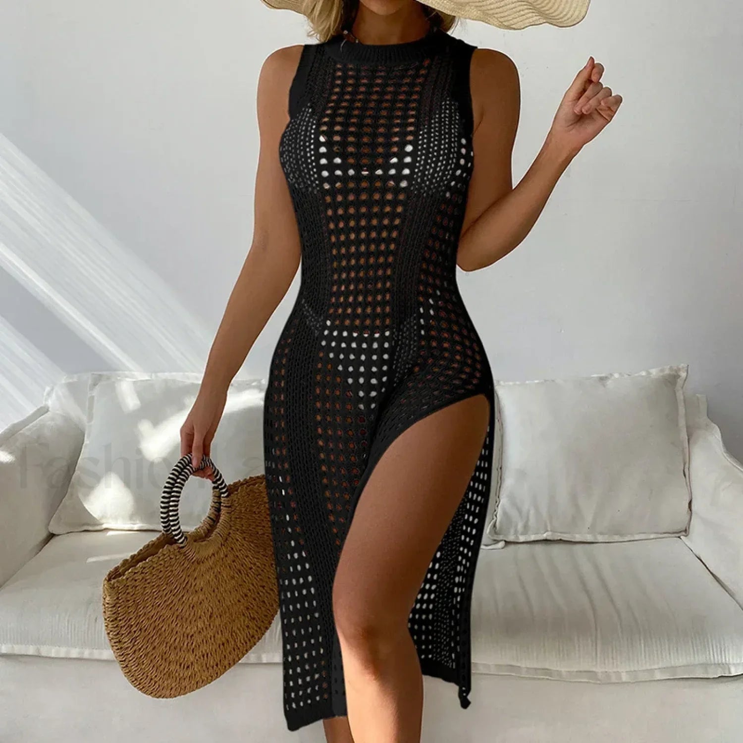 Mesh Sleeveless Slit Beach Cover Up
