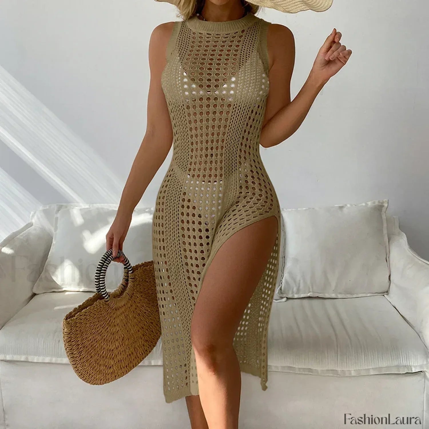 Mesh Sleeveless Slit Beach Cover Up