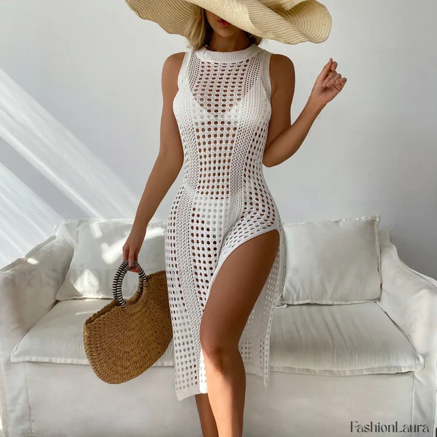 Mesh Sleeveless Slit Beach Cover Up