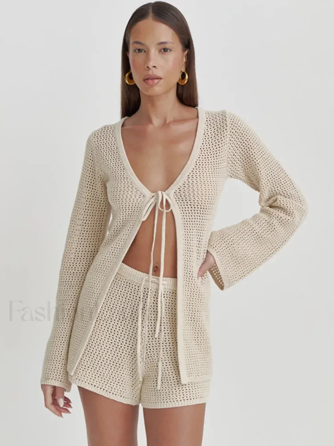Mesh Tie-Up Long Sleeve Cover Up