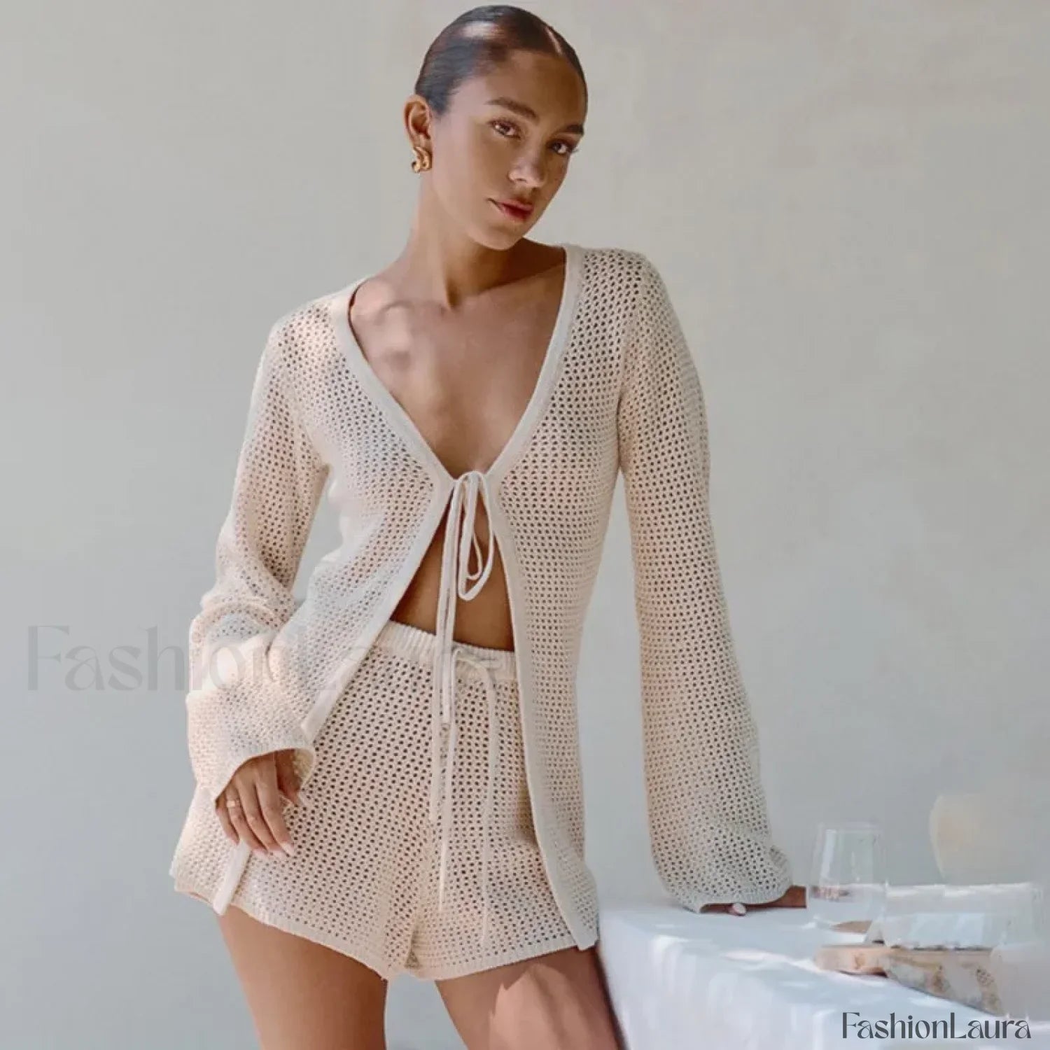 Mesh Tie-Up Long Sleeve Cover Up