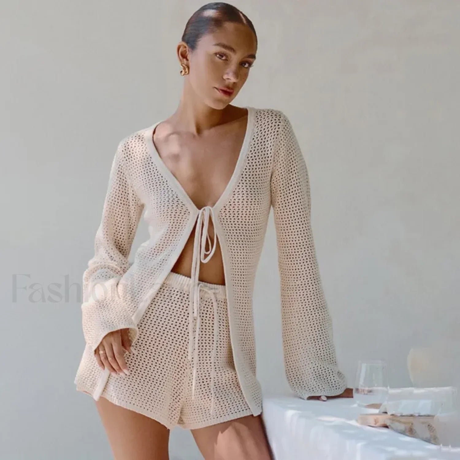 Mesh Tie-Up Long Sleeve Cover Up