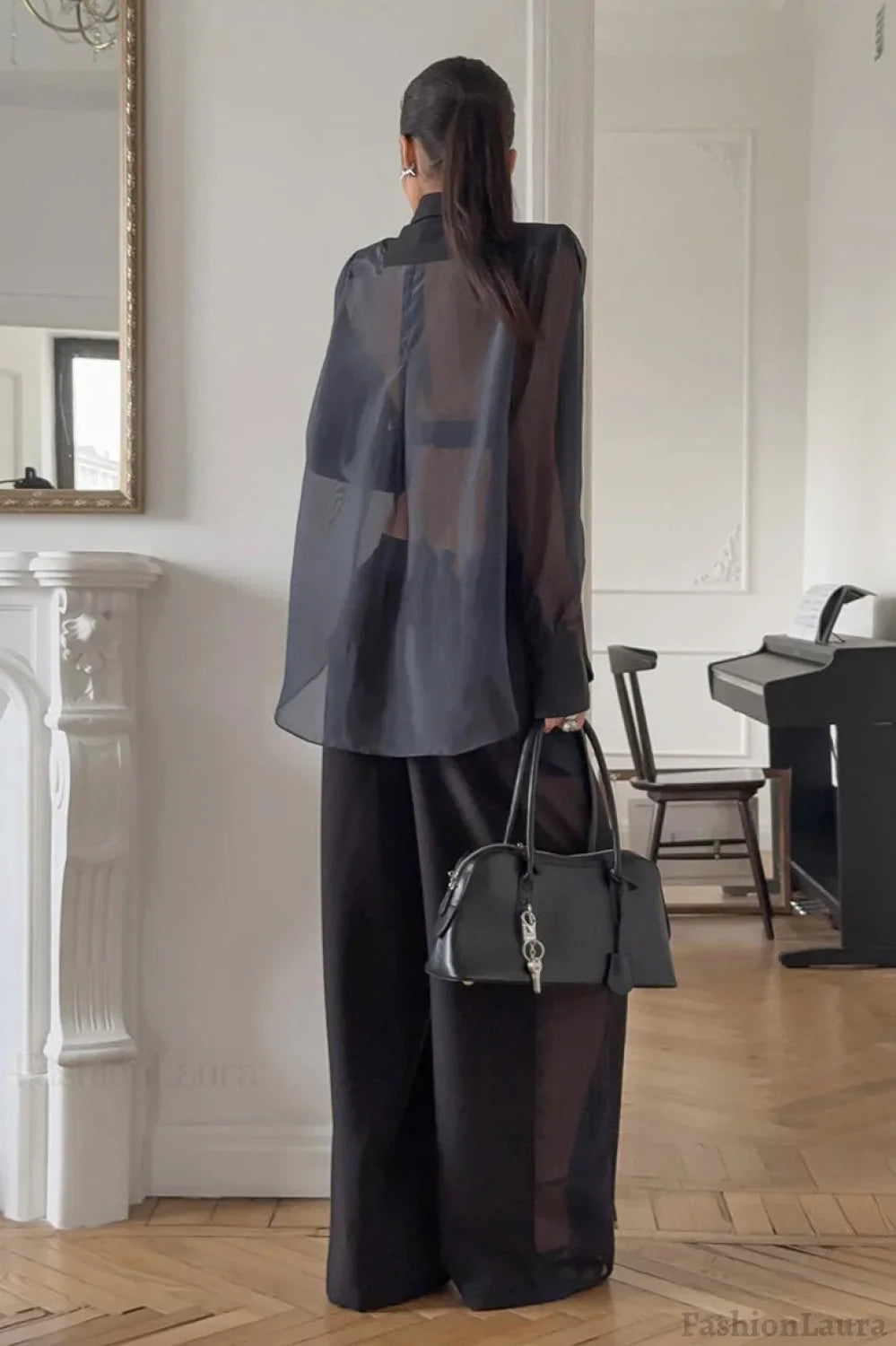 Mesh Tie Waist Wide Leg Pants Blazer