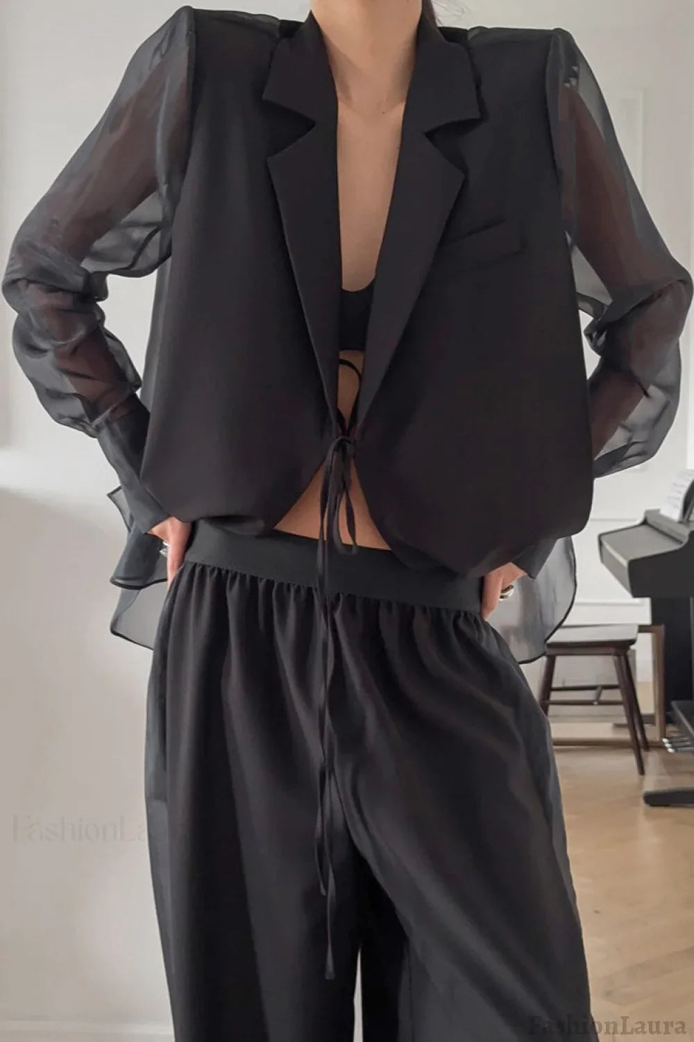 Mesh Tie Waist Wide Leg Pants Blazer