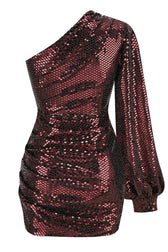 Metallic Bishop Sleeve One Shoulder Ruched Party Mini Dress - Wine Red 4