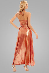 Metallic Halter Neck Buckle Trim Cutout Split Maxi Dress - Rose Gold 3