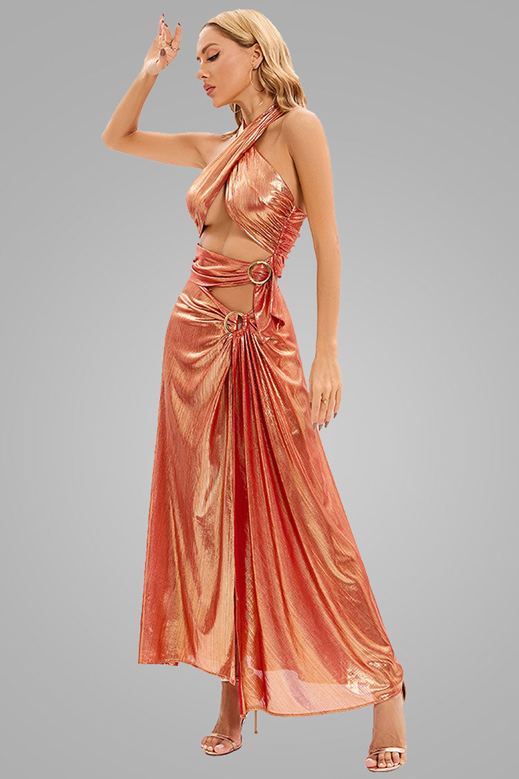 Metallic Halter Neck Buckle Trim Cutout Split Maxi Dress - Rose Gold 2