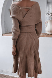 Metallic Lurex Rib Knit Off Shoulder Sweater Two Piece Midi Dress - Coffee 3
