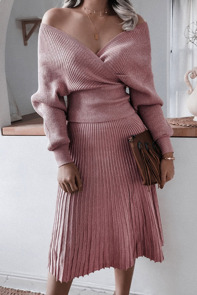 Metallic Lurex Rib Knit Off Shoulder Sweater Two Piece Midi Dress - Dusty Pink 2