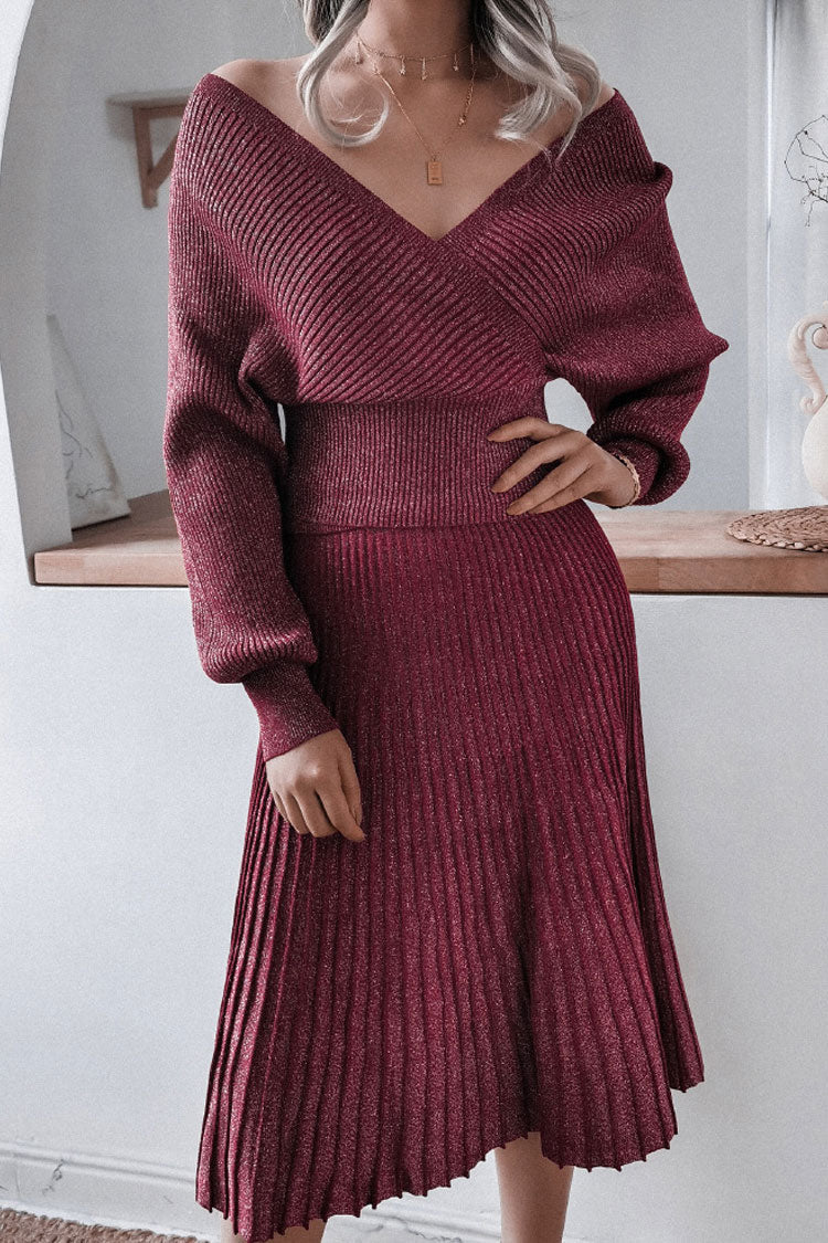 Metallic Rib Knit Off Shoulder Batwing Sleeve Pleated Midi Dress