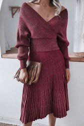Metallic Lurex Rib Knit Off Shoulder Sweater Two Piece Midi Dress - Burgundy 2