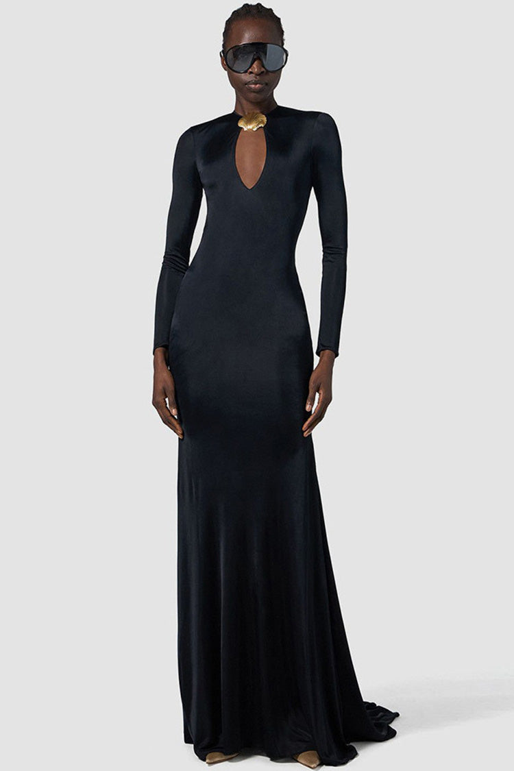 Metallic Seashell Crew Neck Long Sleeve Cutout Back Fishtail Maxi Dress