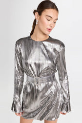 Metallic Shoulder Pad Long Sleeve Shift Pleated Mini Dress - Silver 2