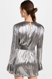 Metallic Shoulder Pad Long Sleeve Shift Pleated Mini Dress - Silver 3