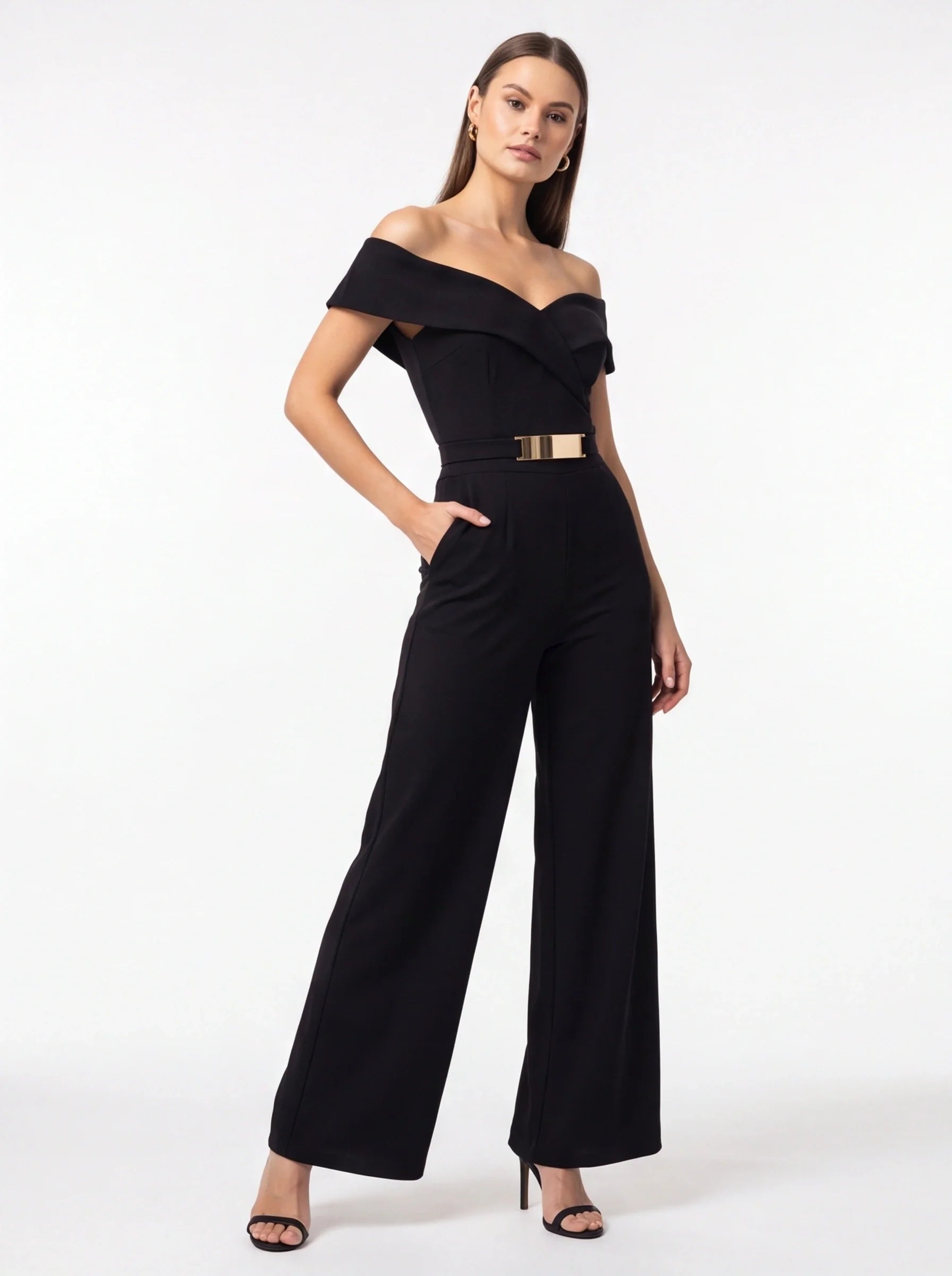 Women's Black Wide-Leg Off-Shoulder Jumpsuit for Cocktail Party & Wedding Guest - Jamota