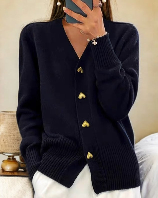 V-Neck Button Front Ribbed Knit Cardigan