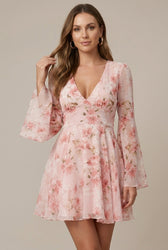 Floral Deep V-Neck Bell Sleeve Fit and Flare Mini Dress 2