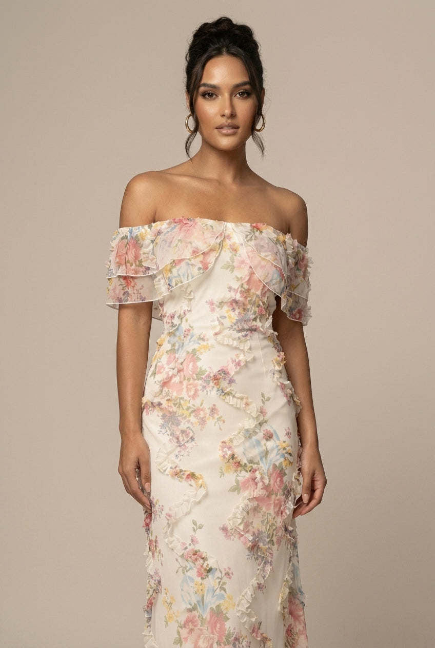 Floral Off Shoulder Ruffle Maxi Dress Wedding Guest 2