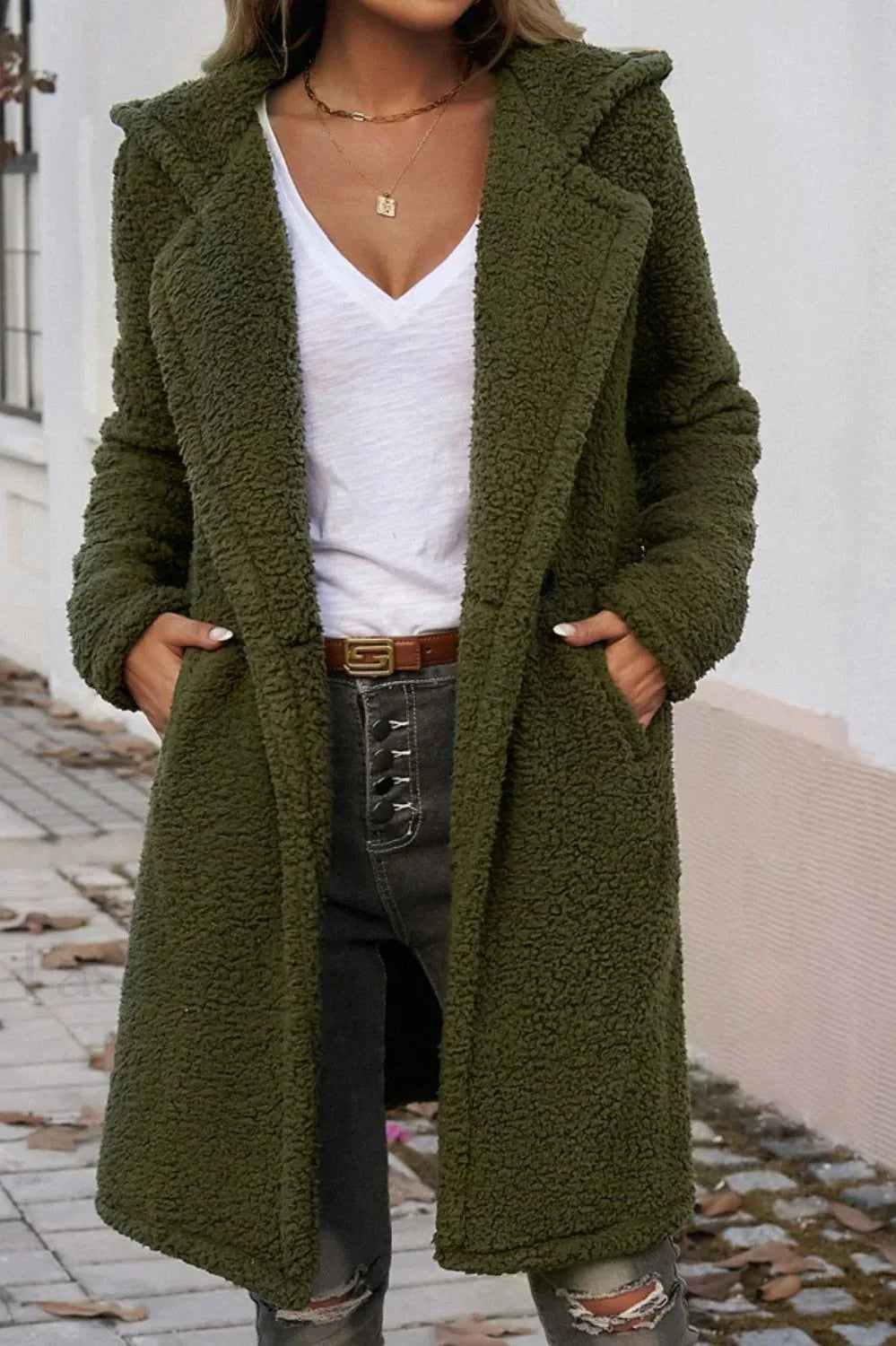 Mid Length Fuzzy Lapel Coat Green / S coats