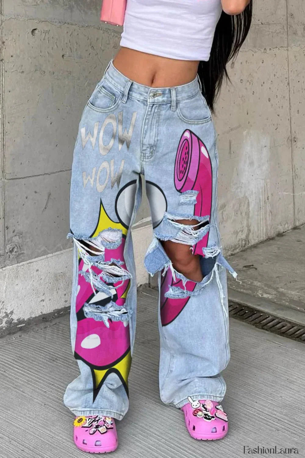 Mid Waist Printed Baggy Jeans