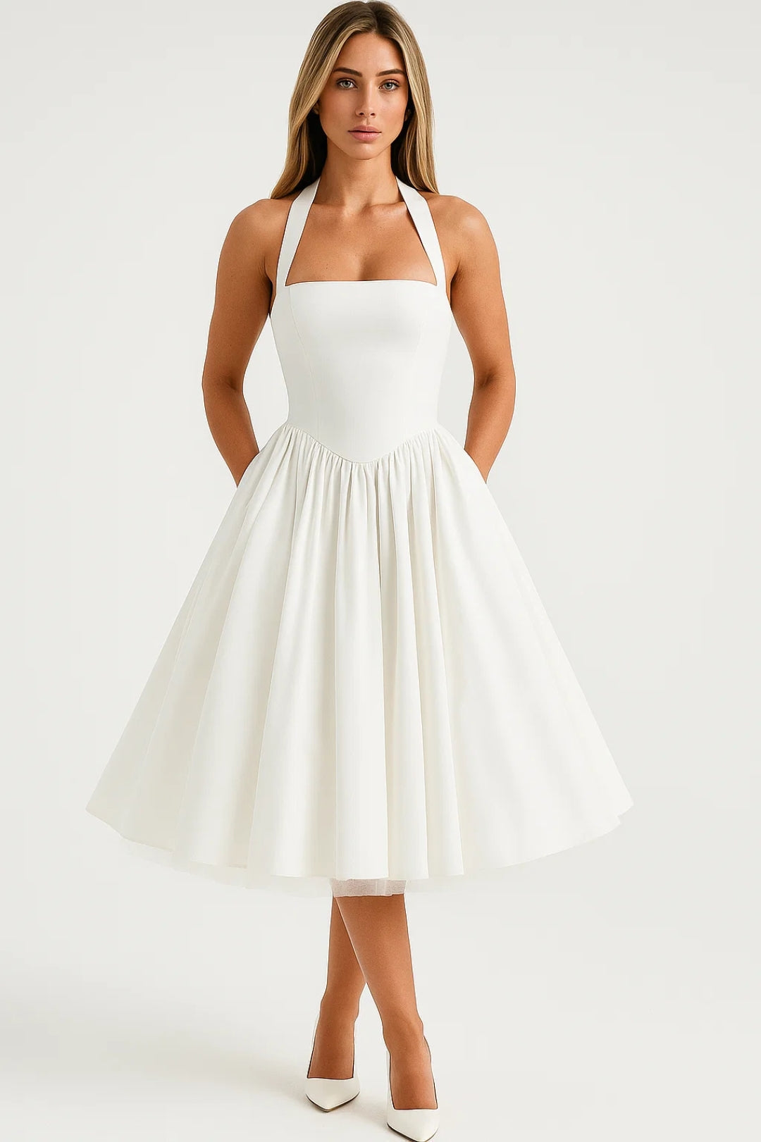 Women's Halter Neck A-Line Midi Dress – Wedding Guest & Cocktail Dress