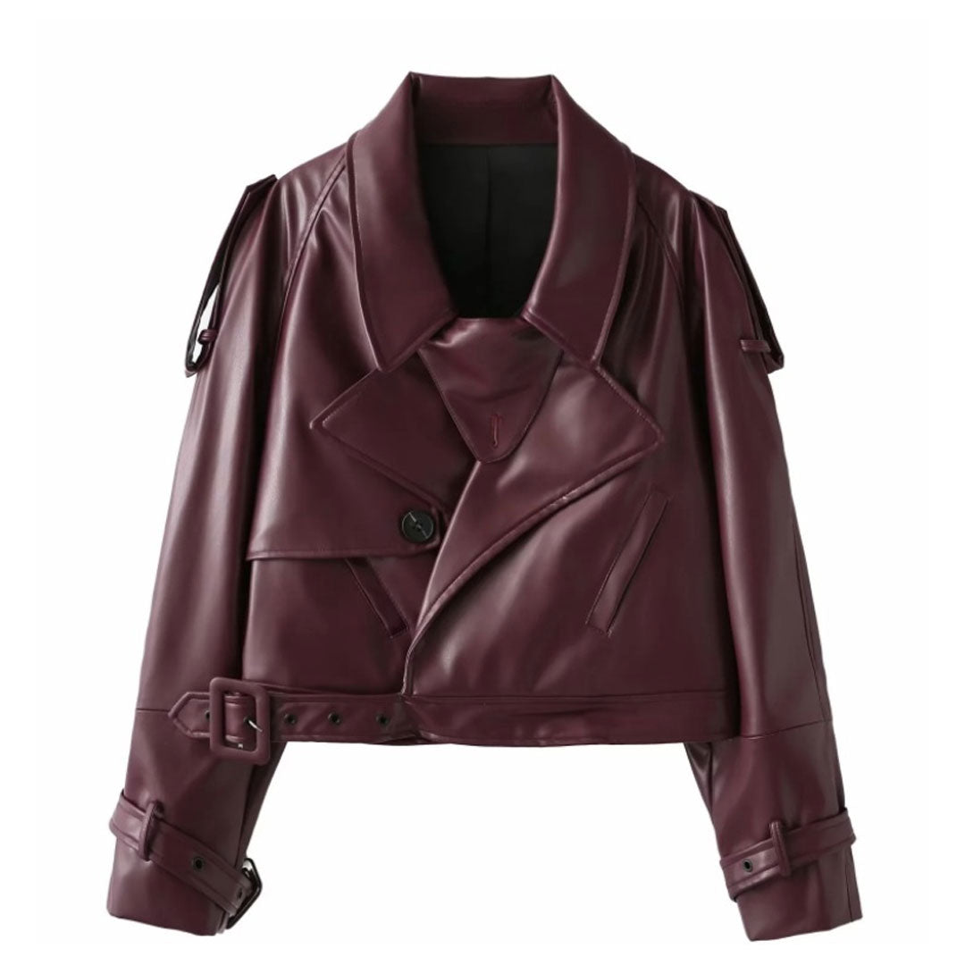 Military Belted Lapel Epaulet Shoulder Oversize Cropped Faux Leather Jacket