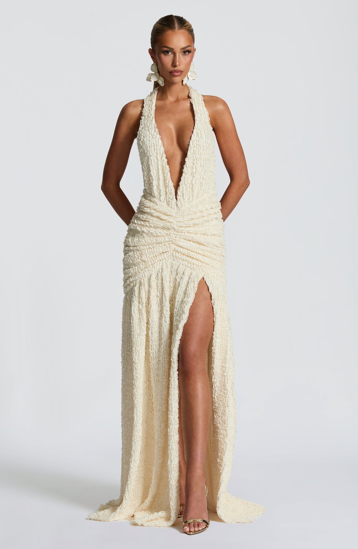 Textured Plunge Halter Neck Ruched Waist High Split Maxi Dress 7