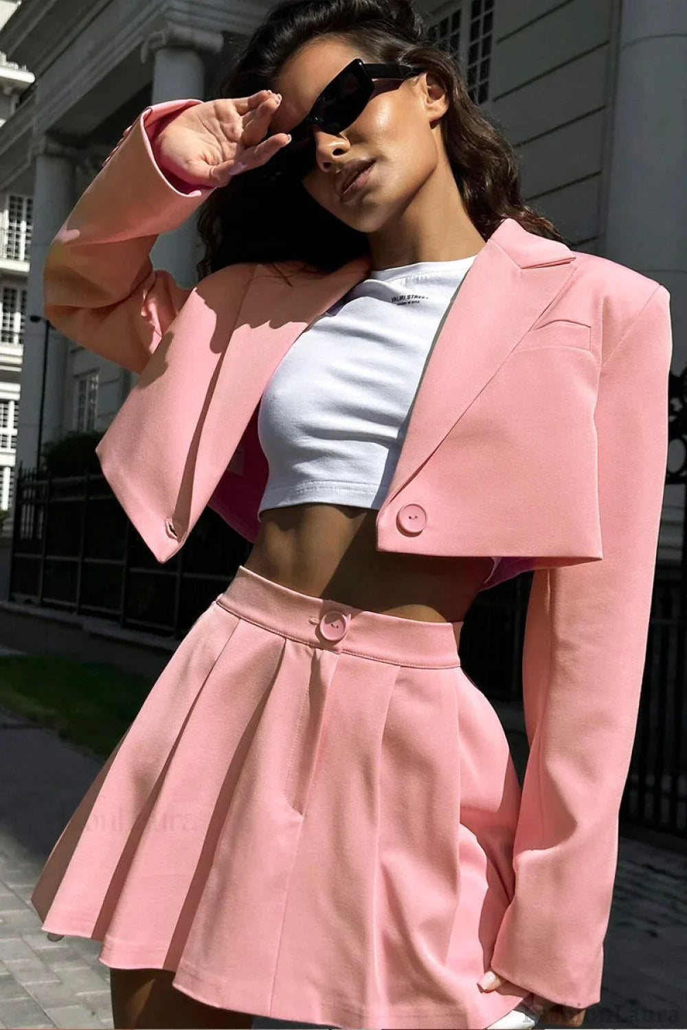 Mini Skirt with Lapel Blazer Two Piece Set S / Light Pink