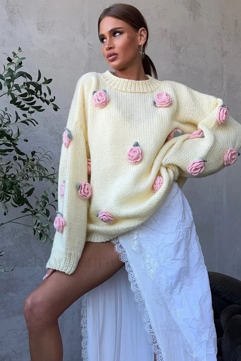 Minimalist 3D Floral Knit Sweater