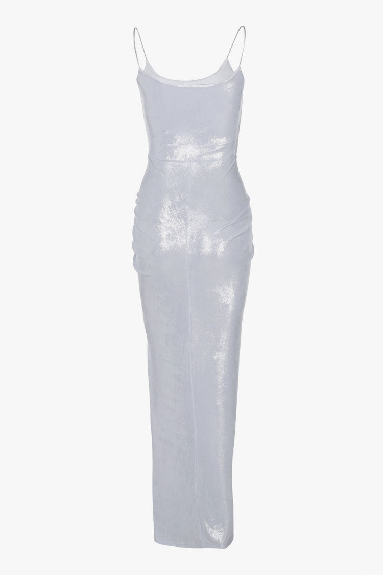 Minimalist Metallic Spaghetti Strap Gathered Draped Evening Maxi Dress