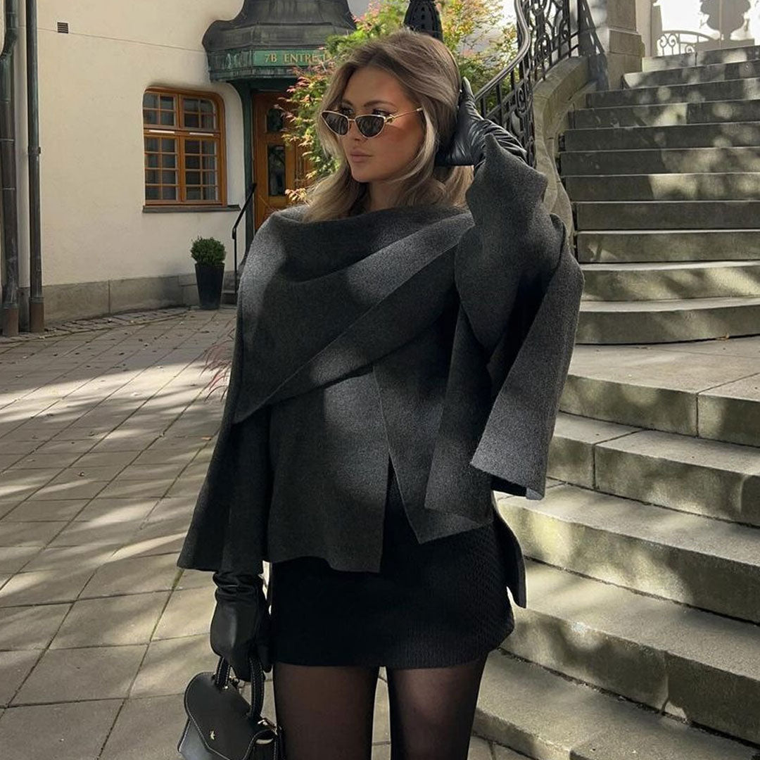 Minimalist One Button Wide Sleeve High Low Oversized Scarf Cardigan