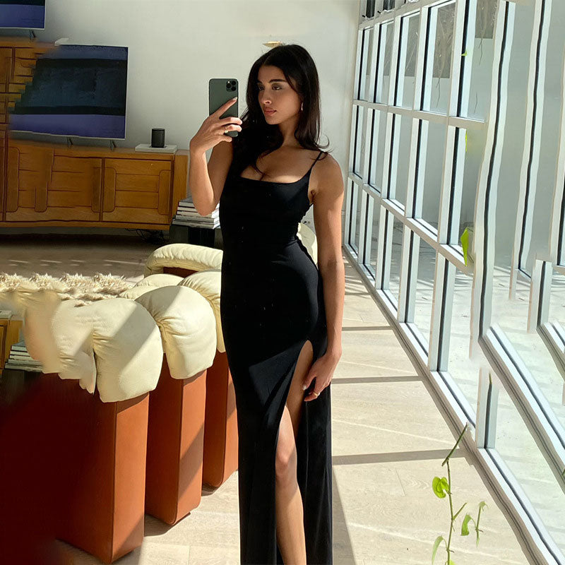 Spaghetti Strap Square Neck High Split Bodycon Maxi Dress 3