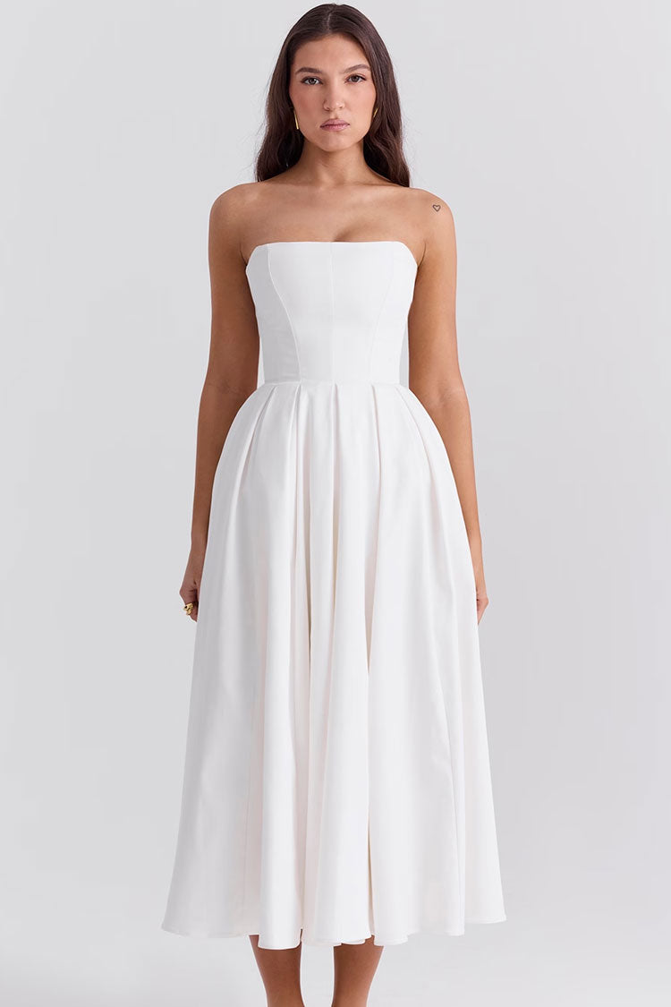 Minimalist Strapless Corset High Rise Pleated Fit & Flare Cocktail Party Midi Dress