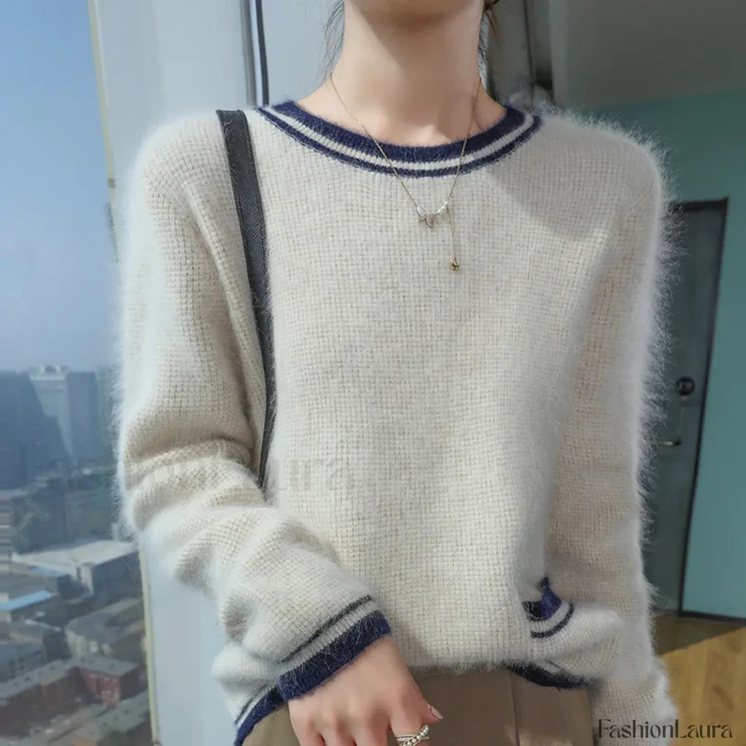 Mink Cashmere Autumn Winter New Women's Round Neck Pullover Fashion Solid Color Warm Sweater