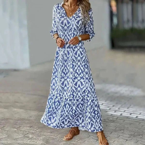 Ikat Geometric Print V-Neck Bishop Sleeve Tiered Ruffle Hem Maxi Dress