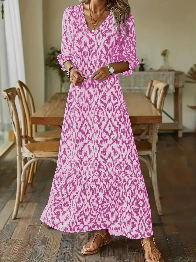 Ikat Geometric Print V-Neck Bishop Sleeve Tiered Ruffle Hem Maxi Dress